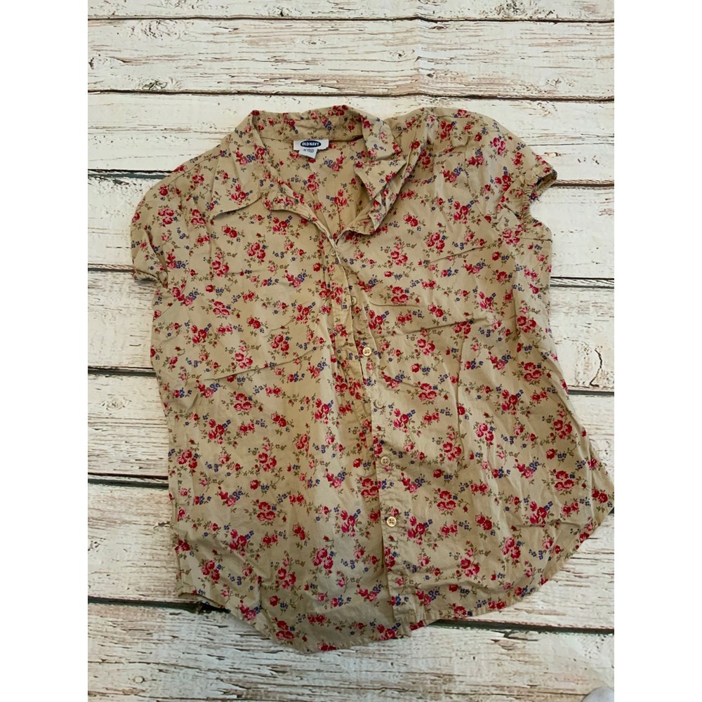 Old Navy Womens Large Floral Short Sleeve Button Down Shirt Tan Red Y2K Vintage